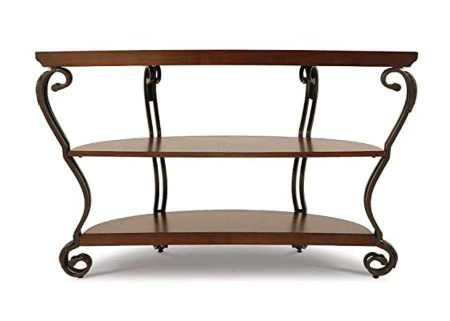 Signature Design by Ashley Nestor Traditional Hand-Finished Half Moon Sofa Table with 2 Fixed Shelves, Dark Brown