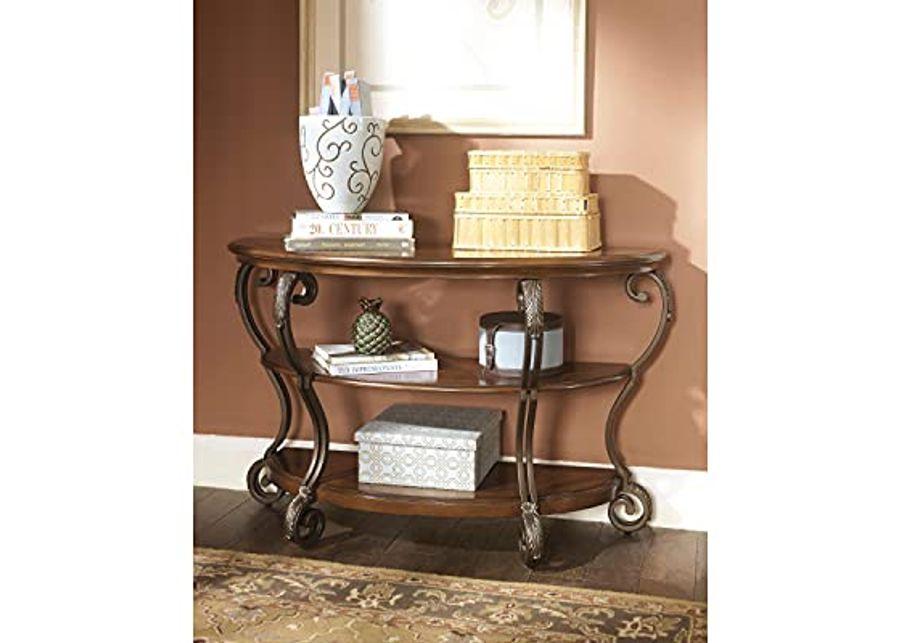 Signature Design by Ashley Nestor Traditional Hand-Finished Half Moon Sofa Table with 2 Fixed Shelves, Dark Brown