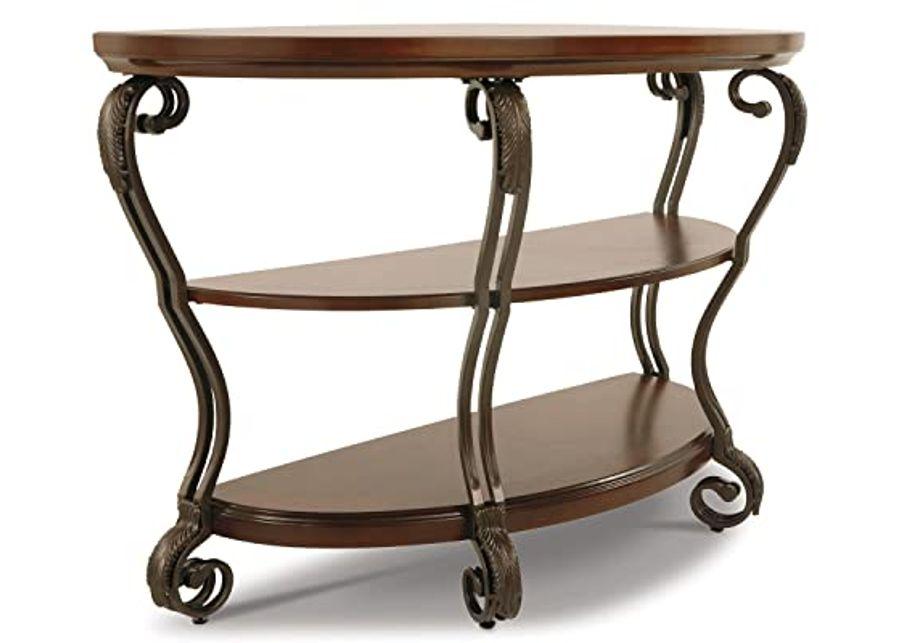 Signature Design by Ashley Nestor Traditional Hand-Finished Half Moon Sofa Table with 2 Fixed Shelves, Dark Brown