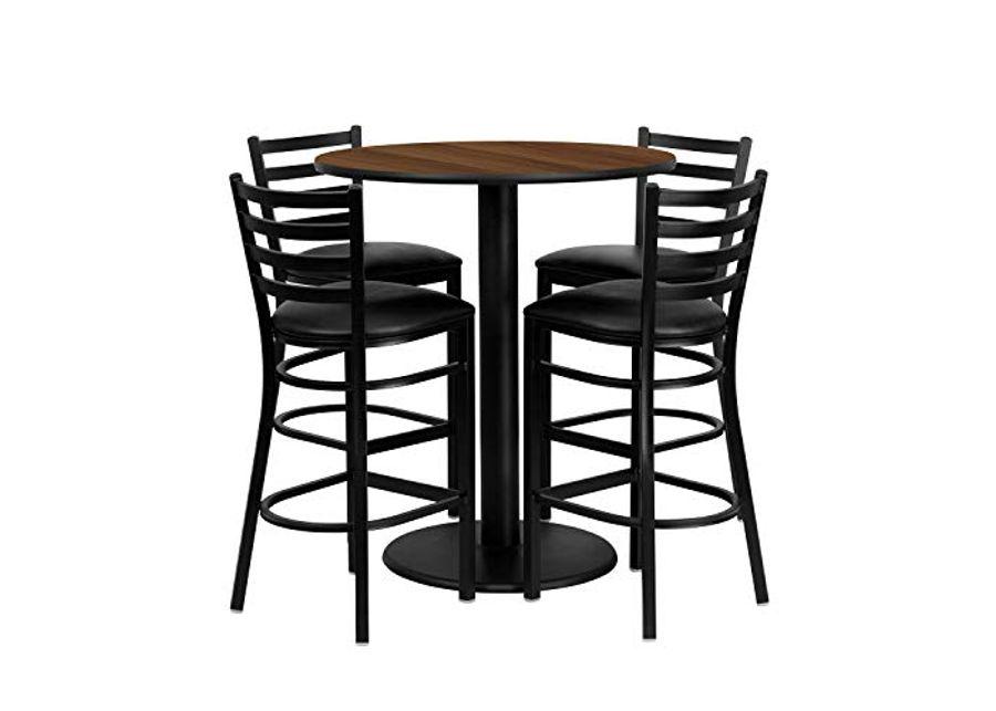 Flash Furniture Clark 36'' Round Walnut Laminate Table Set with 4 Ladder Back Metal Barstools - Black Vinyl Seat