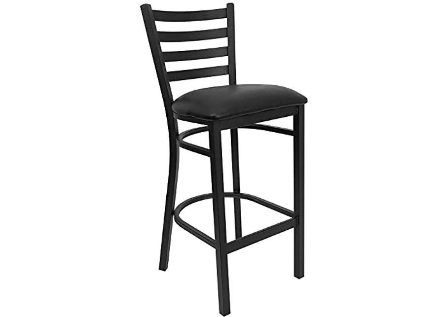 Flash Furniture Clark 36'' Round Walnut Laminate Table Set with 4 Ladder Back Metal Barstools - Black Vinyl Seat