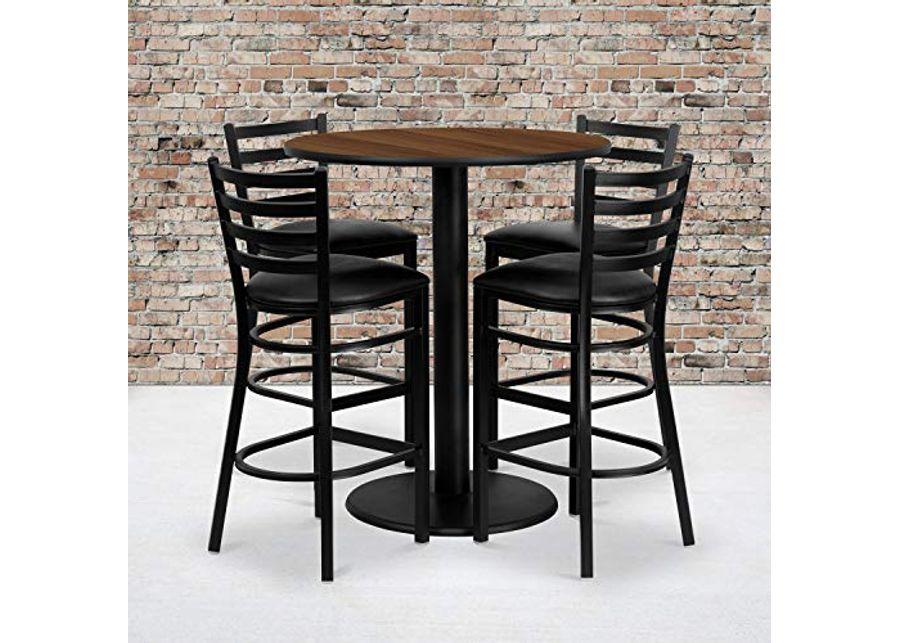 Flash Furniture Clark 36'' Round Walnut Laminate Table Set with 4 Ladder Back Metal Barstools - Black Vinyl Seat