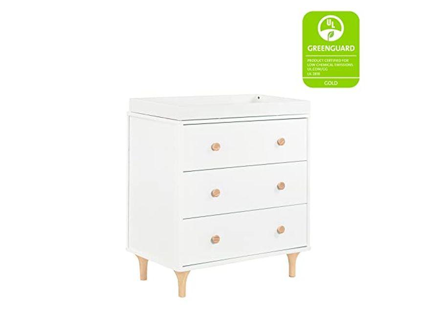 Babyletto Lolly 3-Drawer Changer Dresser with Removable Changing Tray in White and Natural, Greenguard Gold Certified