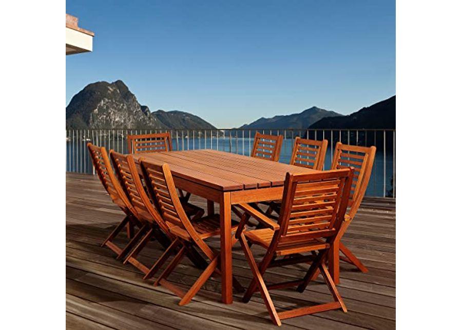 Amazonia Delaware 9-Piece Outdoor Dining Table Set Eucalyptus Wood Ideal for Patio and Indoors, Brown