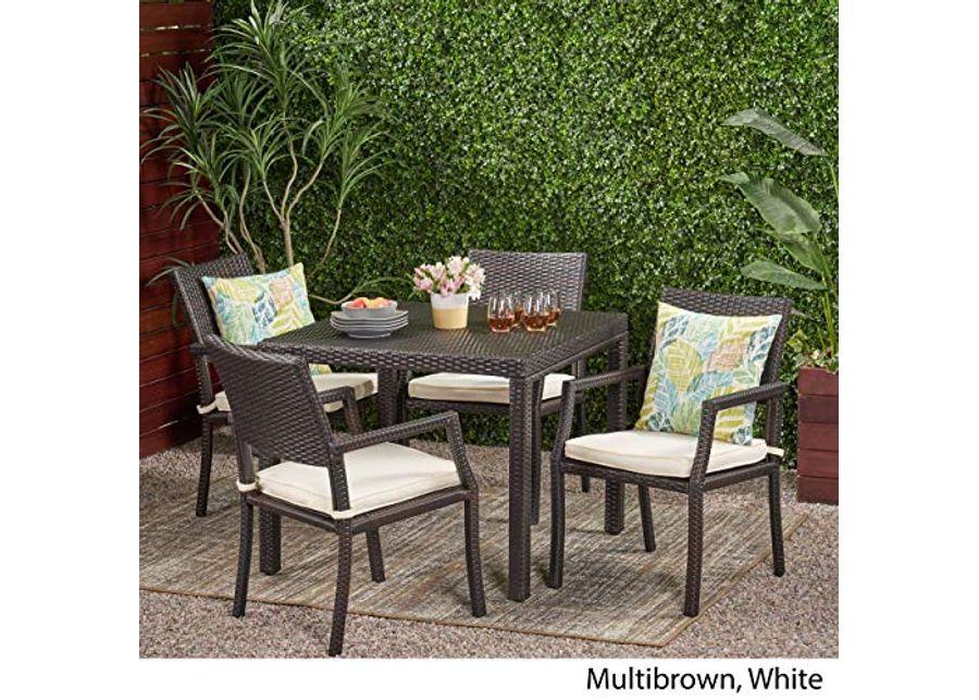 Christopher Knight Home Rhode Island Outdoor Wicker Rectangular Dining Set, 5-Pcs Set, Multibrown / White