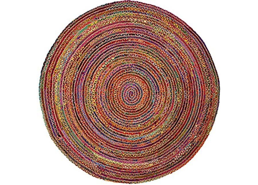 SAFAVIEH Cape Cod Collection 5' Round Red / Multi CAP202A Handmade Boho Braided Jute & Cotton Area Rug