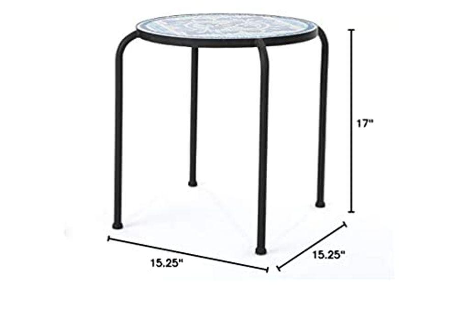Christopher Knight Home Skye Outdoor Ceramic Tile Side Table with Iron Frame, Blue / White