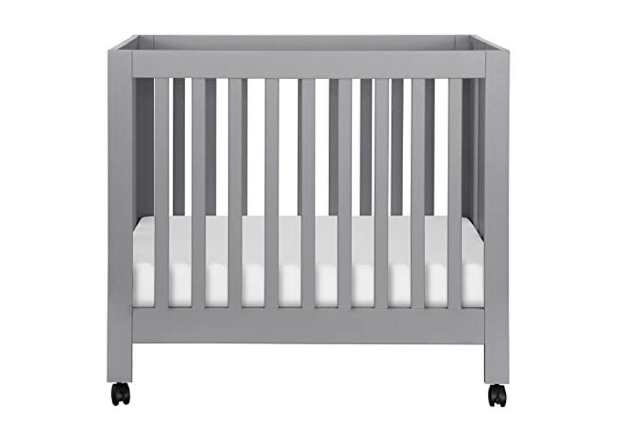 Babyletto Origami Mini Crib in Grey & Pure Core Non-Toxic Mini Crib Mattress with Hybrid Waterproof Cover Bundle