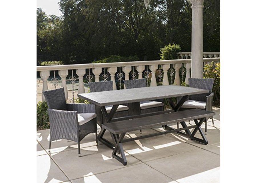 Christopher Knight Home Owenburg Outdoor Aluminum Dining Set with Bench and Wicker Dining Chairs, 6-Pcs Set, Grey / Black / Silver
