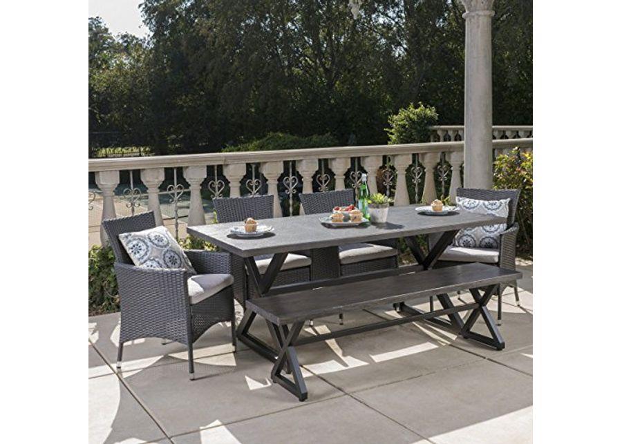 Christopher Knight Home Owenburg Outdoor Aluminum Dining Set with Bench and Wicker Dining Chairs, 6-Pcs Set, Grey / Black / Silver
