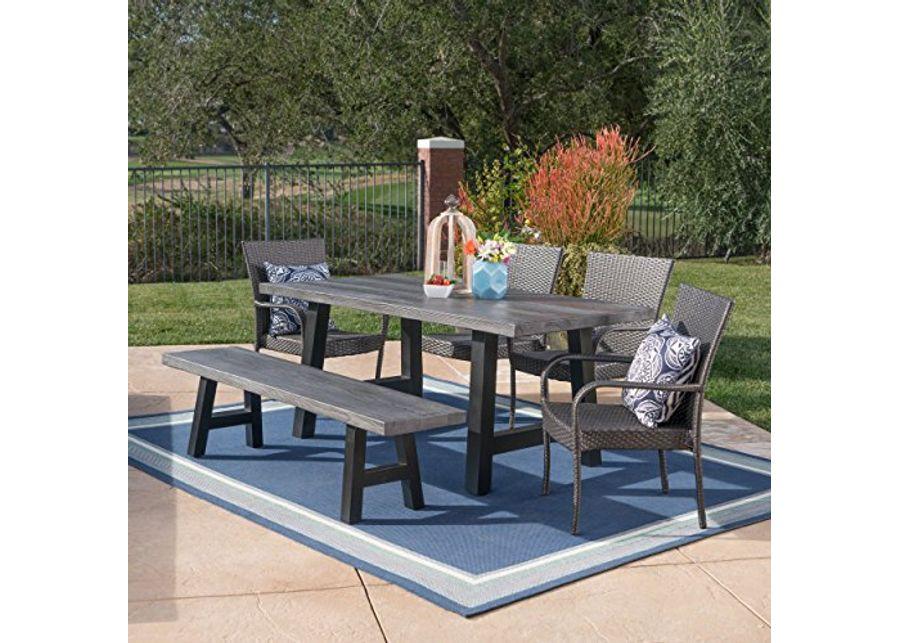 Christopher Knight Home Morrison Outdoor Stacking Wicker Dining Set with Lightweight Concrete Table and Bench, 6-Pcs Set, Natural Grey / Black / Grey