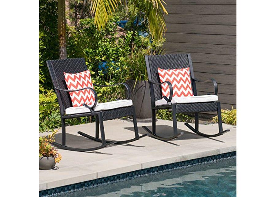 Christopher Knight Home Muriel Outdoor Wicker Rocking Chair (Set of 2), Black/White Cushion