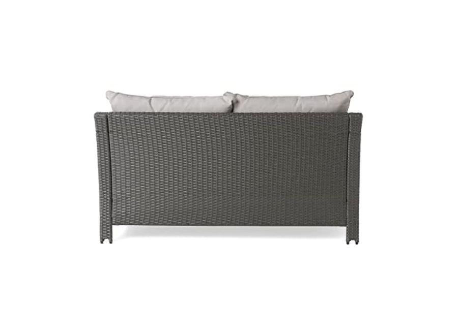 Christopher Knight Home Antibes Outdoor Wicker Loveseat and Table Set with Water Resistant Cushions, 2-Pcs Set, Grey / Silver