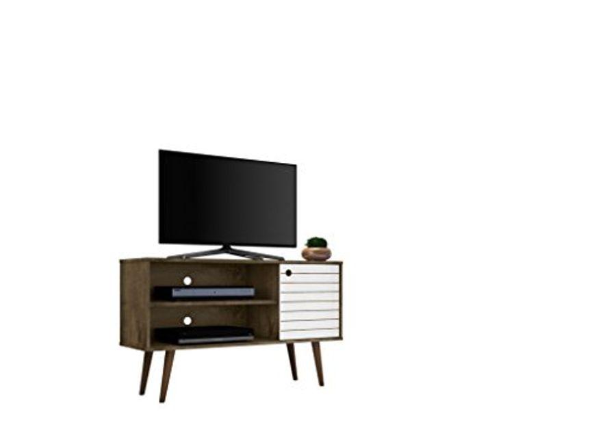 Manhattan Comfort Liberty Mid-Century Modern Living Room TV Stand with Shelves and a Cabinet with Splayed Legs, 212BMC: 42.52 Inch, Brown/White