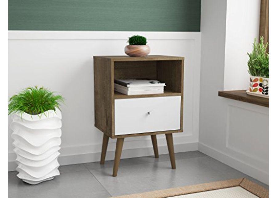 Manhattan Comfort Liberty Modern 1 Drawer Bedroom Nightstand/End Table, Rustic Brown/White