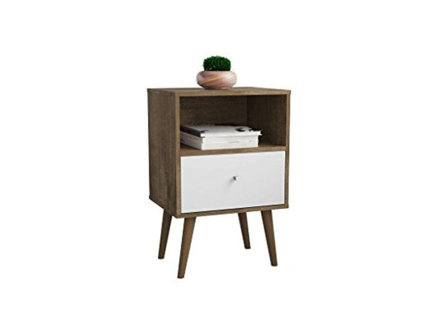 Manhattan Comfort Liberty Modern 1 Drawer Bedroom Nightstand/End Table, Rustic Brown/White