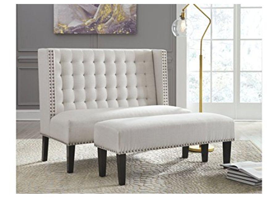 Signature Design by Ashley Beauland Contemporary Upholstered Accent Bench with Nailhead Trim, Beige