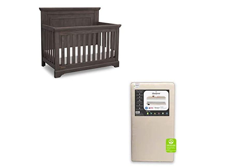 Simmons Kids SlumberTime Paloma 4-in-1 Convertible Baby Crib & Ultra Deluxe 2-in-1 Innerspring Crib and Toddler Mattress, Rustic Grey