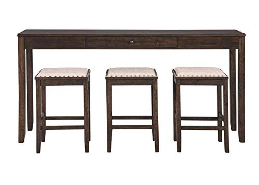 Signature Design by Ashley Rokane Urban Farmhouse 25" Counter Height Dining Room Table Set with 3 Bar Stools, Brown