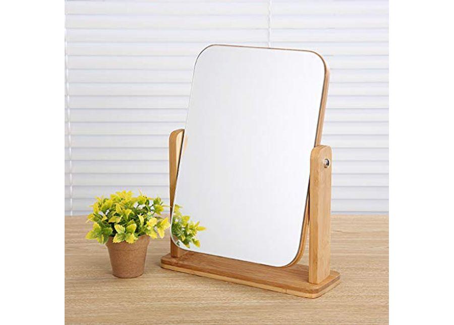 Desktop Wooden Makeup Mirror Bedroom Tabletop High Definition Solid Wood Single-Sided Vanity Mirror 360° Rotation for Women Men