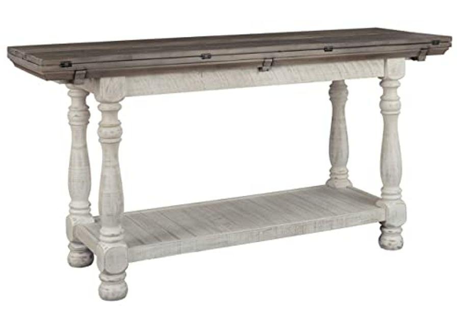 Signature Design by Ashley Havalance Farmhouse Sofa Table, Flip Top Design for Additional Dining Space and Fixed Lower Shelf, Gray & White with Weathered Finish