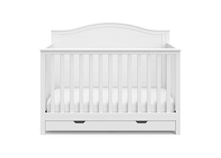 Storkcraft Moss 5-in-1 Convertible Crib with Drawer (White) – GREENGUARD Gold Certified, Crib with Drawer Combo, Includes Full-Size Nursery Storage Drawer, Converts to Toddler Bed and Full-Size Bed