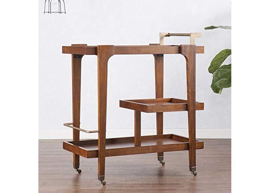 SEI Furniture Holly & Martin Zhori Midcentury Modern 3-Tier Bar cart, Dark Tobacco/Aged Brass