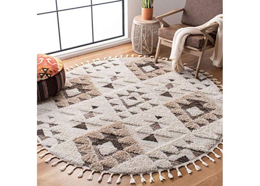 SAFAVIEH Moroccan Tassel Shag Collection 5'3" Round Ivory / Brown MTS688A Boho Non-Shedding Living Room Bedroom Dining Room Entryway Plush 2-inch Thick Area Rug