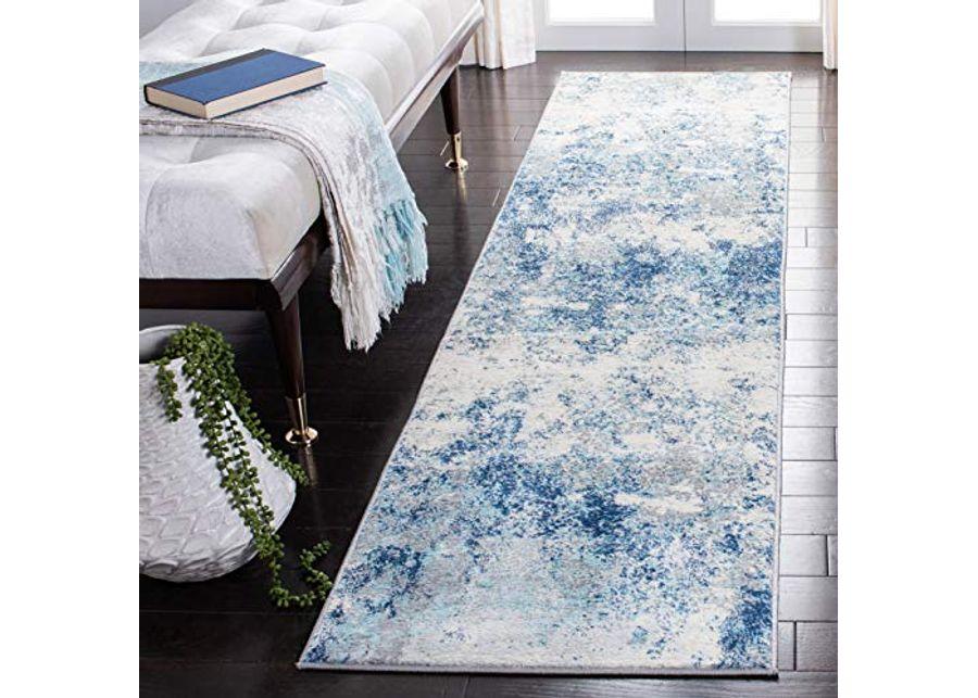 SAFAVIEH Brentwood Collection 2' x 8' Ivory / Navy BNT822B Modern Abstract Non-Shedding Living Room Entryway Foyer Hallway Bedroom Runner Rug