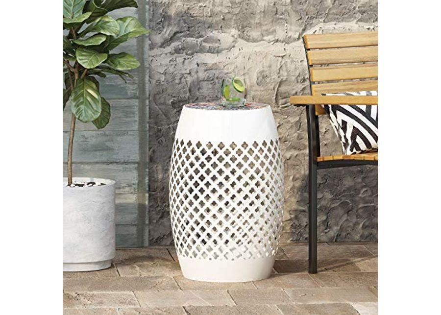Christopher Knight Home Johnny Outdoor Lace Cut Side Table with Tile Top, White