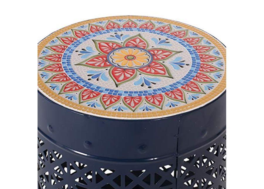 Christopher Knight Home Justin Outdoor Lace Cut Side Table with Tile Top, Dark Blue