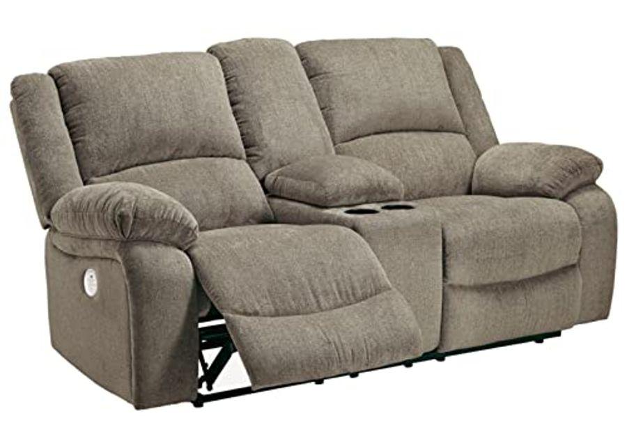 Signature Design by Ashley Draycoll Contemporary Adjustable Power Double Reclining Loveseat with Center Console, Light Brown