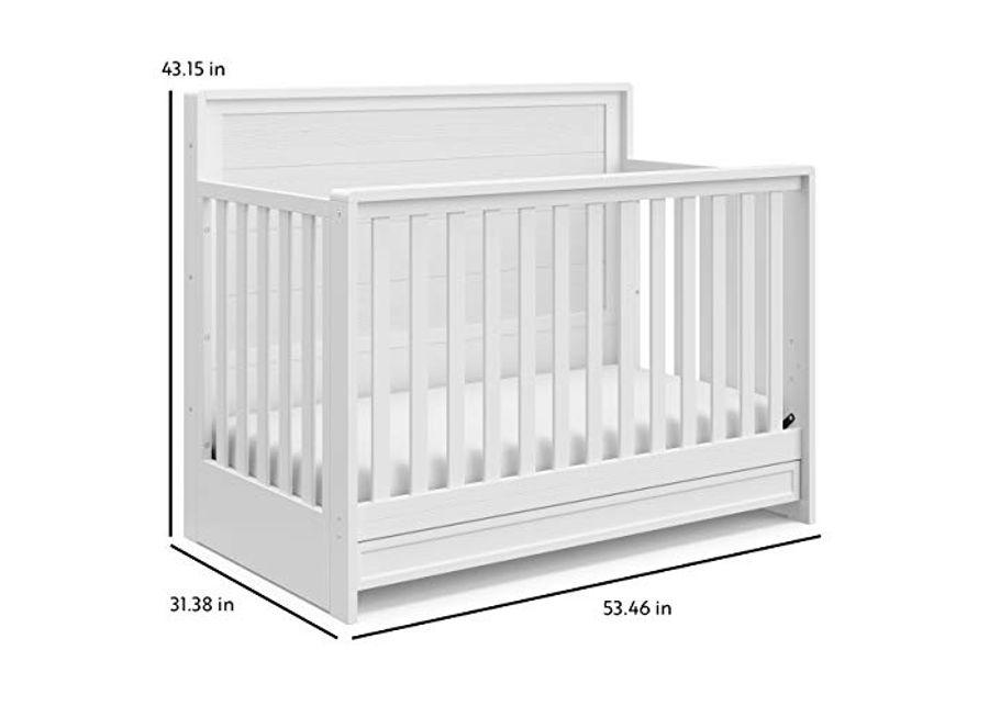 Storkcraft Luna 5-in-1 Convertible Crib with Drawer (White) – GREENGUARD Gold Certified, Crib with Drawer Combo, Full-Size Nursery Storage Drawer, Converts to Toddler Bed, Daybed and Full-Size Bed