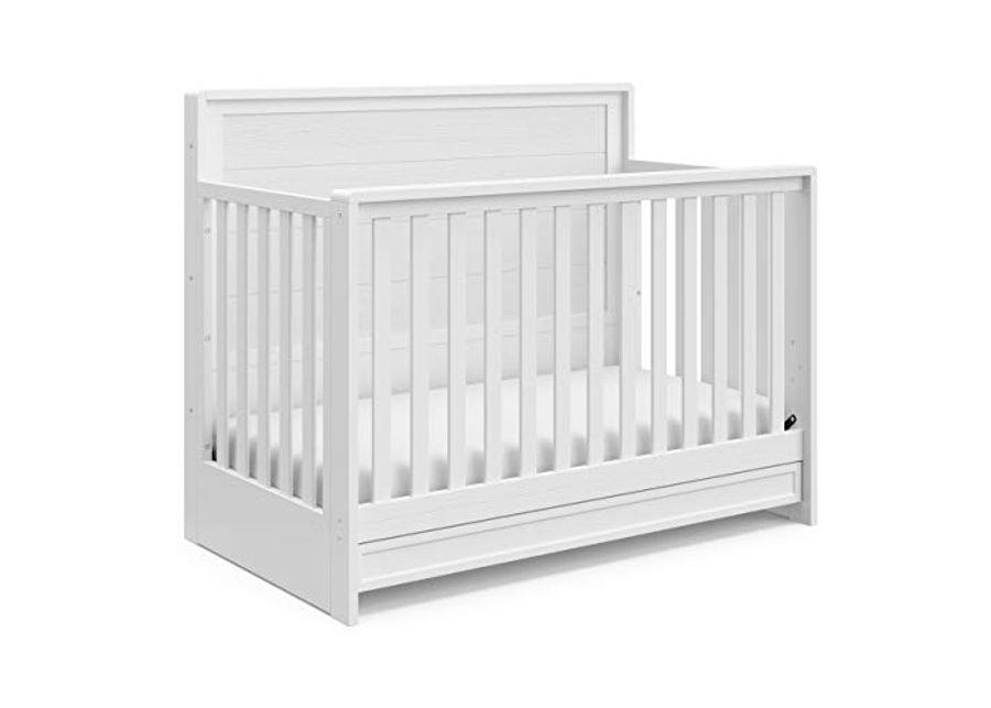 Storkcraft Luna 5-in-1 Convertible Crib with Drawer (White) – GREENGUARD Gold Certified, Crib with Drawer Combo, Full-Size Nursery Storage Drawer, Converts to Toddler Bed, Daybed and Full-Size Bed