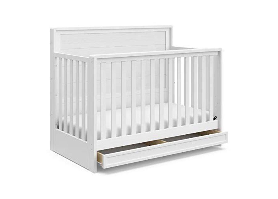 Storkcraft Luna 5-in-1 Convertible Crib with Drawer (White) – GREENGUARD Gold Certified, Crib with Drawer Combo, Full-Size Nursery Storage Drawer, Converts to Toddler Bed, Daybed and Full-Size Bed