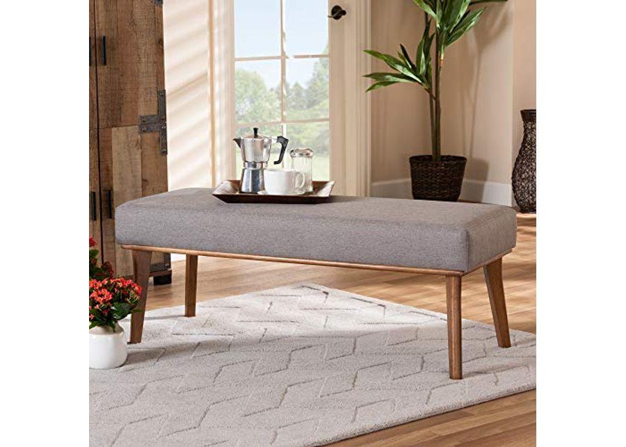 Baxton Studio Odessa Dining Bench Grey Fabric Upholstered and Walnut Brown Finished Wood Dining Bench