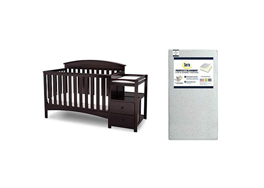 Delta Children Abby Convertible Crib 'N' Changer, Dark Chocolate + Serta Perfect Slumber Dual Sided Recycled Fiber Core Crib and Toddler Mattress (Bundle)