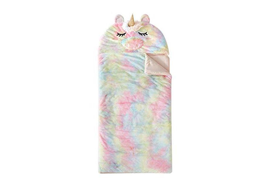 Idea Nuova Heritage Kids Rainbow Faux Fur Figural Unicorn Hooded Sleeping Bag, Ages 3+,26"x46"