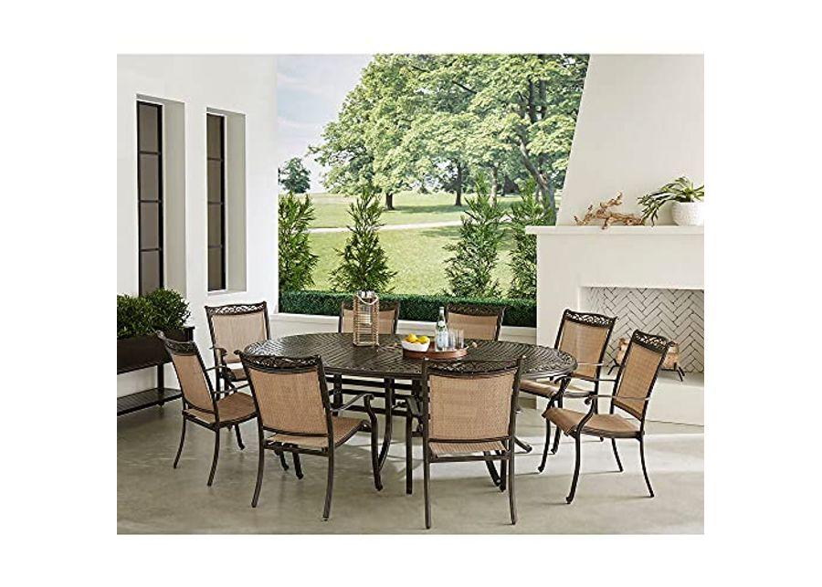 Hanover Fontana 9-Piece Outdoor Dining Set with 8 Sling Dining Chairs and 95-in. x 60-in. Oval Cast-Top Dining Table