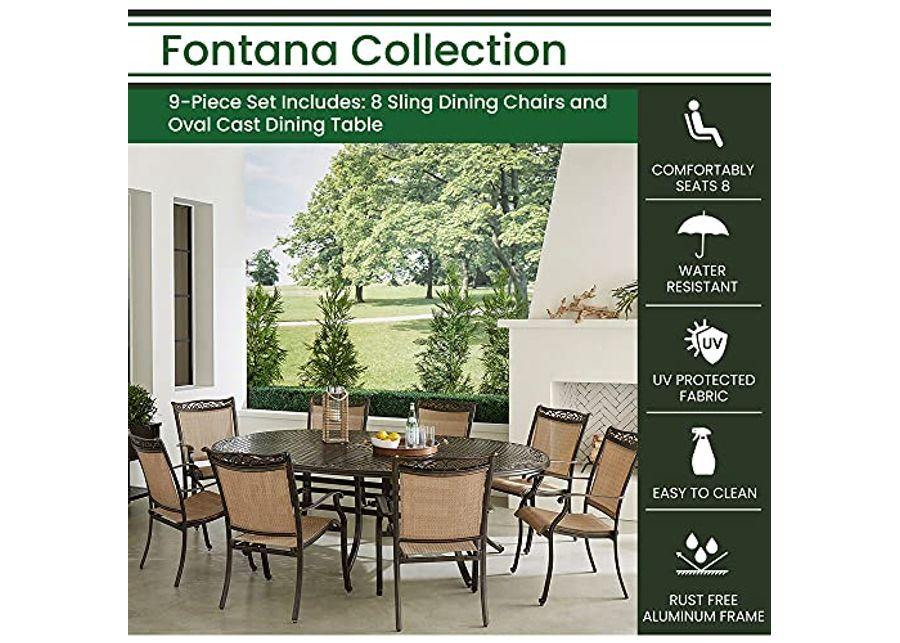 Hanover Fontana 9-Piece Outdoor Dining Set with 8 Sling Dining Chairs and 95-in. x 60-in. Oval Cast-Top Dining Table