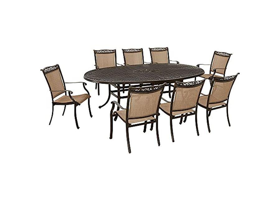 Hanover Fontana 9-Piece Outdoor Dining Set with 8 Sling Dining Chairs and 95-in. x 60-in. Oval Cast-Top Dining Table