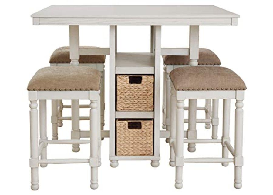 Signature Design by Ashley Robbinsdale Farmhouse Rectangular Counter Height Dining Room Table and Bar Stools, Set of 5, Whitewash