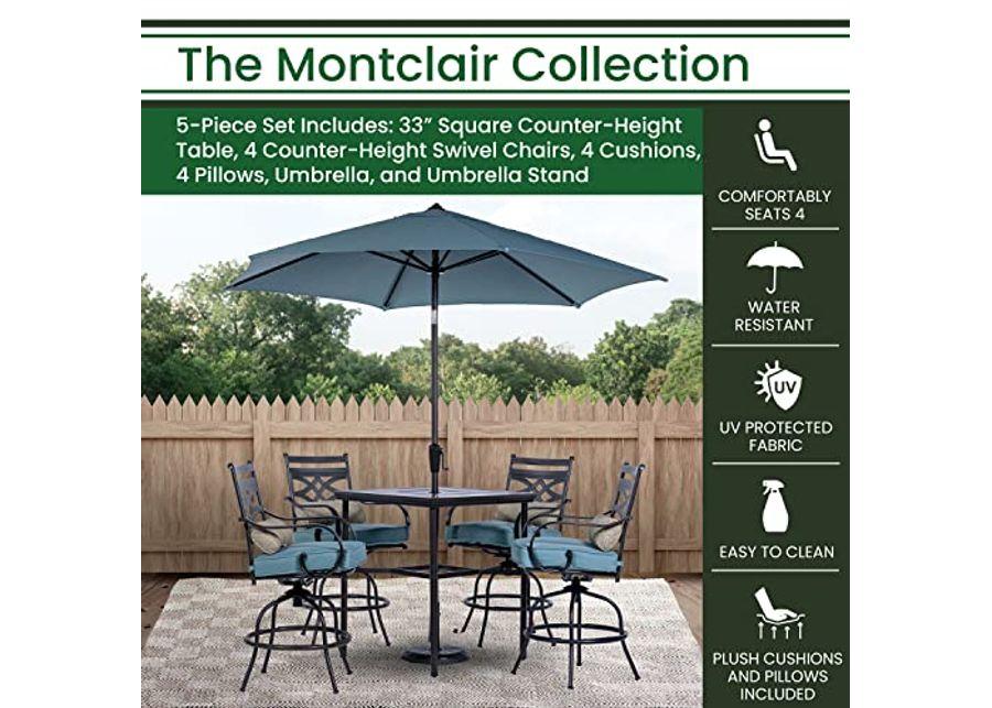 Hanover Montclair 5-Piece All-Weather Outdoor Patio High Dining Set, 4 Swivel Counter-Height Chairs with Comfortable Seat and Lumbar Cushions, 33" Square Stamped Rectangle Table, Umbrella, and Base