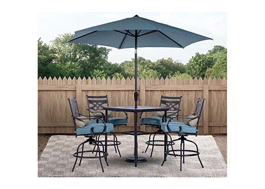 Hanover Montclair 5-Piece All-Weather Outdoor Patio High Dining Set, 4 Swivel Counter-Height Chairs with Comfortable Seat and Lumbar Cushions, 33" Square Stamped Rectangle Table, Umbrella, and Base