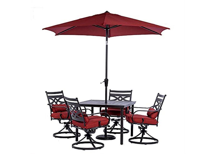 Hanover Montclair 5-Piece All-Weather Outdoor Patio Dining Set, 4 Swivel Rocker Chairs with Comfortable Seat and Lumbar Cushions, 40" Square Stamped Rectangle Table, Umbrella, and Base