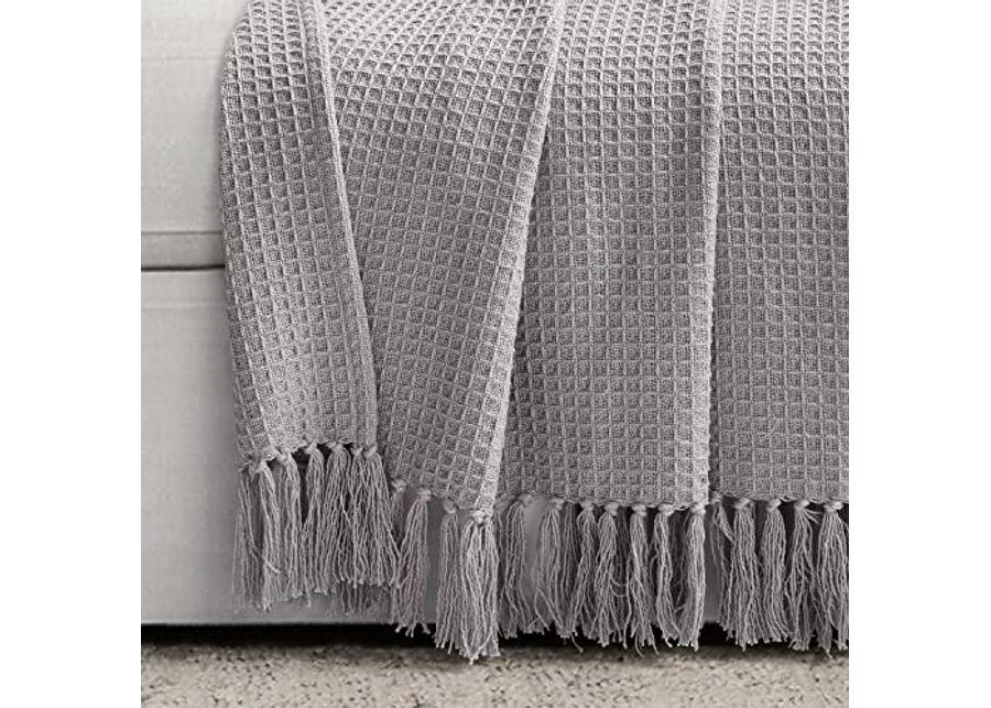 Lush Decor Waffle Cotton Knit Throw Blanket, 60" x 50", Light Gray