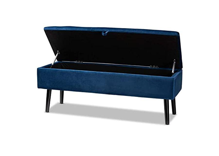 Baxton Studio Caine Modern and Contemporary Navy Blue Velvet Fabric Upholstered and Dark Brown Finished Wood Storage Bench