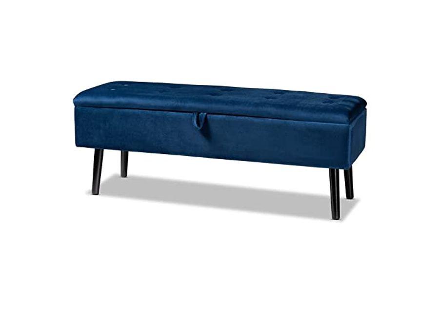 Baxton Studio Caine Modern and Contemporary Navy Blue Velvet Fabric Upholstered and Dark Brown Finished Wood Storage Bench