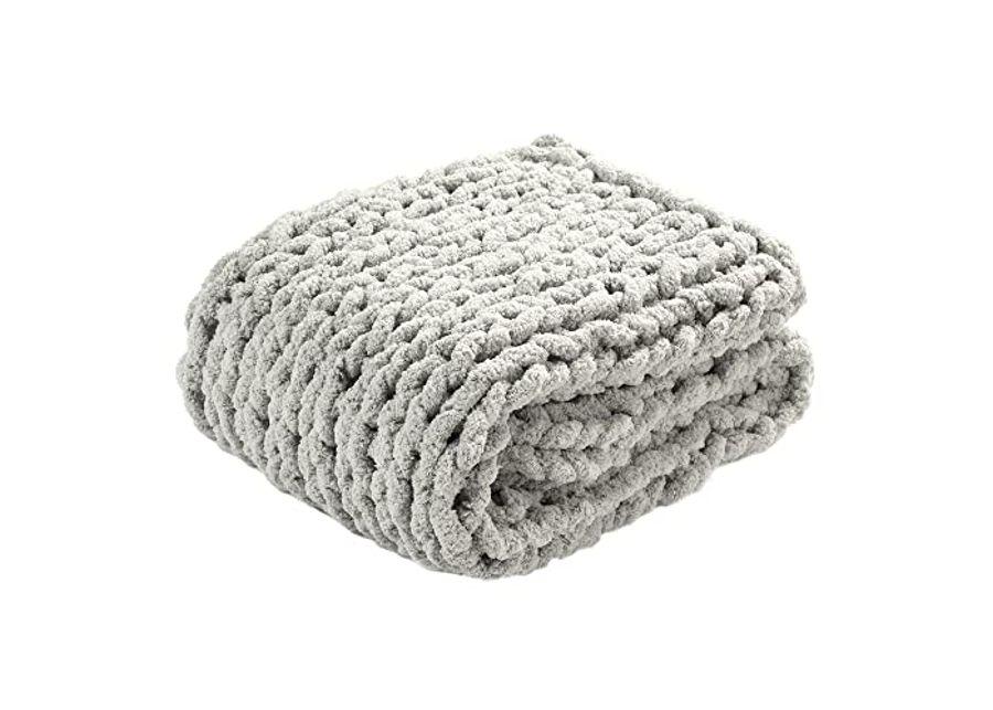 Lush Decor Hygge Ultra Soft Cozy Chenille Chunky Knit Blanket/Throw, 72" x 40", Light Gray