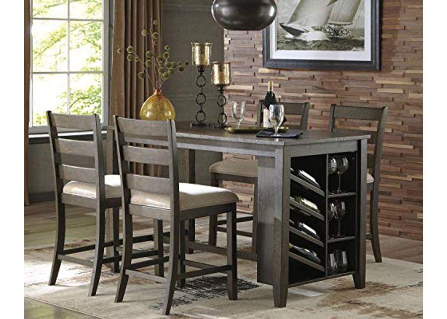 Signature Design by Ashley Rokane Counter Height Dining Room Table with Built in Wine Rack, Brown & Rokane Upholstered 24.75" Counter Height Bar Stool, Set of 2, Brown